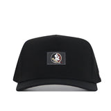 Introducing the Florida State Seminoles Trainer Hat by No Rivals—a black snapback hat with a structured fit, expertly crafted from high-quality cotton. This hat features a rectangular front patch showcasing a distinctive logo of a profile in a circle, adorned with red, black, white, and gold details.