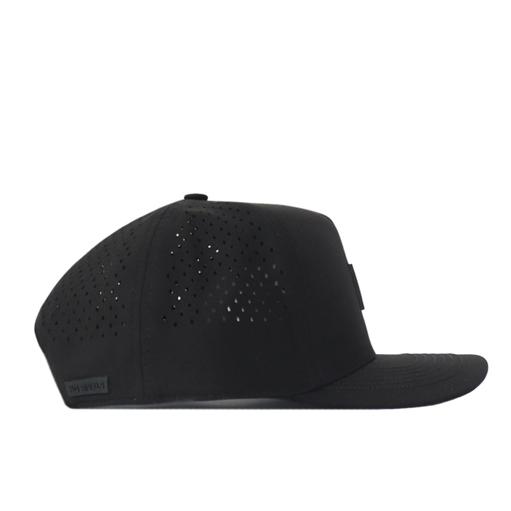 The No Rivals Florida State Seminoles Trainer Hat is a black snapback featuring a flat brim and small ventilation holes on the side, made from high quality cotton for a structured fit, and displayed in side profile against a white background.