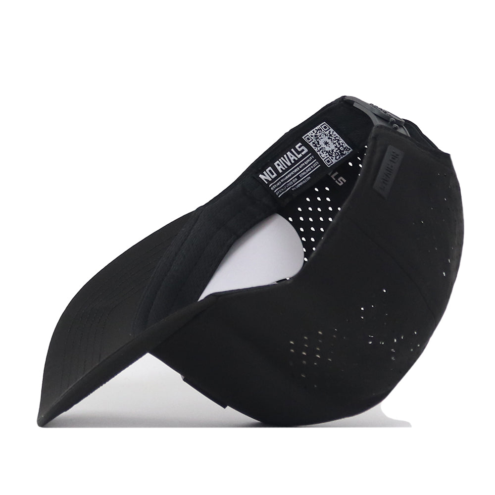 A black Florida State Seminoles Trainer Hat by No Rivals featuring perforated side panels is shown from the inside. The interior label reads “NO RIVALS” and includes a QR code. Crafted from high-quality cotton for lasting comfort, this structured snapback cap rests on its brim with the adjustable strap at the back clearly visible.