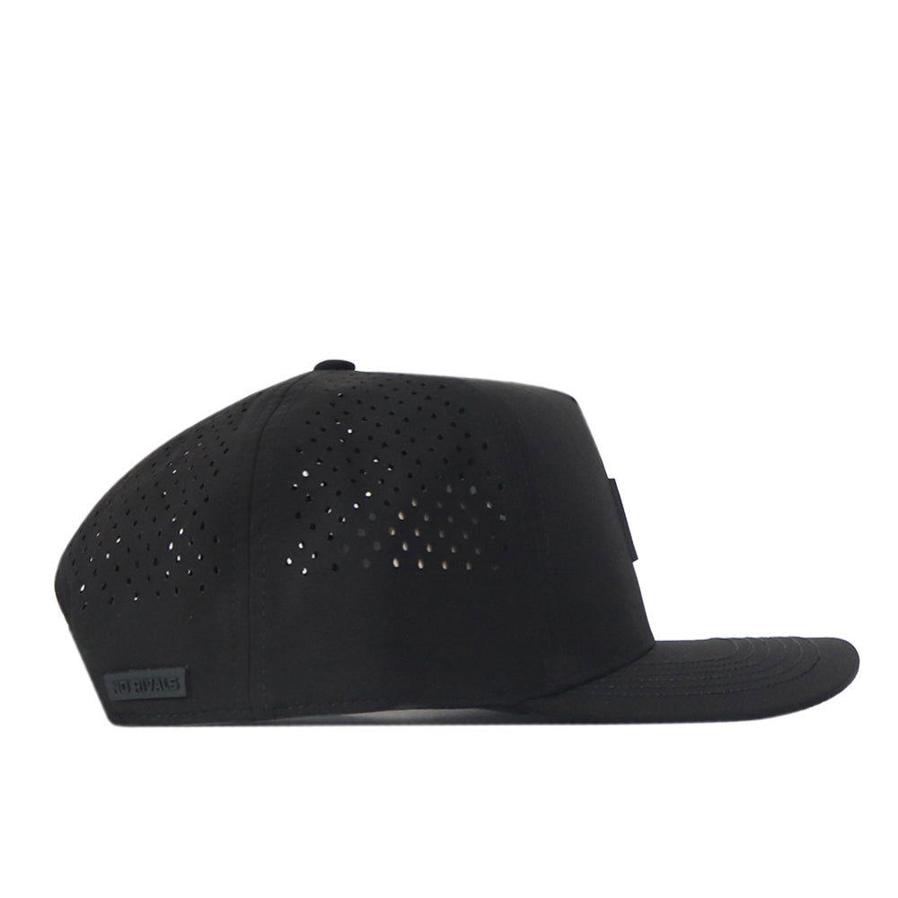 The WVU Mountaineers Trainer Hat by No Rivals is a black snapback shown from the side, featuring a flat visor, small perforated holes on the crown for ventilation, and a structured fit for comfortable everyday wear.