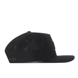 The WVU Mountaineers Trainer Hat by No Rivals is a black snapback shown from the side, featuring a flat visor, small perforated holes on the crown for ventilation, and a structured fit for comfortable everyday wear.