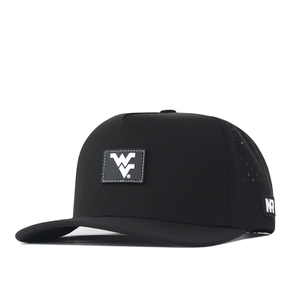 The No Rivals WVU Mountaineers Trainer Hat is a black snapback hat with a curved brim, featuring a white WV logo patch on the front and perforated ventilation holes on the sides. Made from cotton, this hat offers a structured fit for lasting comfort and style.