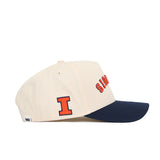 The Upside Down Illinois Hat by No Rivals features a beige crown, navy blue brim, and high quality cotton. It has an orange and blue "I" on the side, red text on the front, and a structured snapback fit for lasting comfort and style.