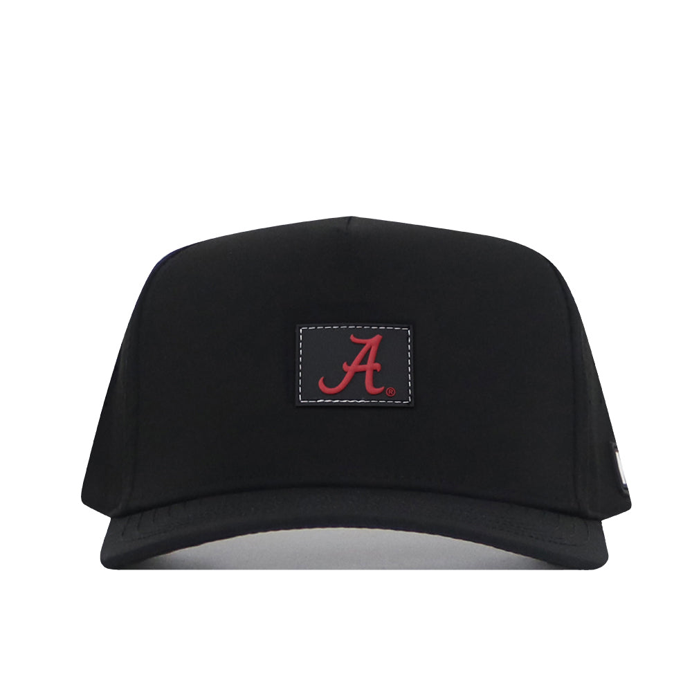 No Rivals Alabama Crimson Tide Trainer Hat in black, featuring a structured snapback design. The front showcases a rectangular patch with a bold, red stylized letter A at the center. Made from high quality cotton. Displayed on a plain white background.