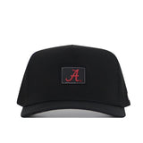 No Rivals Alabama Crimson Tide Trainer Hat in black, featuring a structured snapback design. The front showcases a rectangular patch with a bold, red stylized letter A at the center. Made from high quality cotton. Displayed on a plain white background.