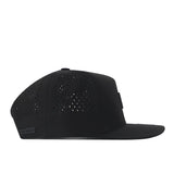 The No Rivals Alabama Crimson Tide Trainer Hat is a black snapback cap made from high-quality cotton, featuring a flat brim and small ventilation holes on the side and back panels. Displayed in a side profile against a white background, this structured hat combines comfort and style for everyday wear.