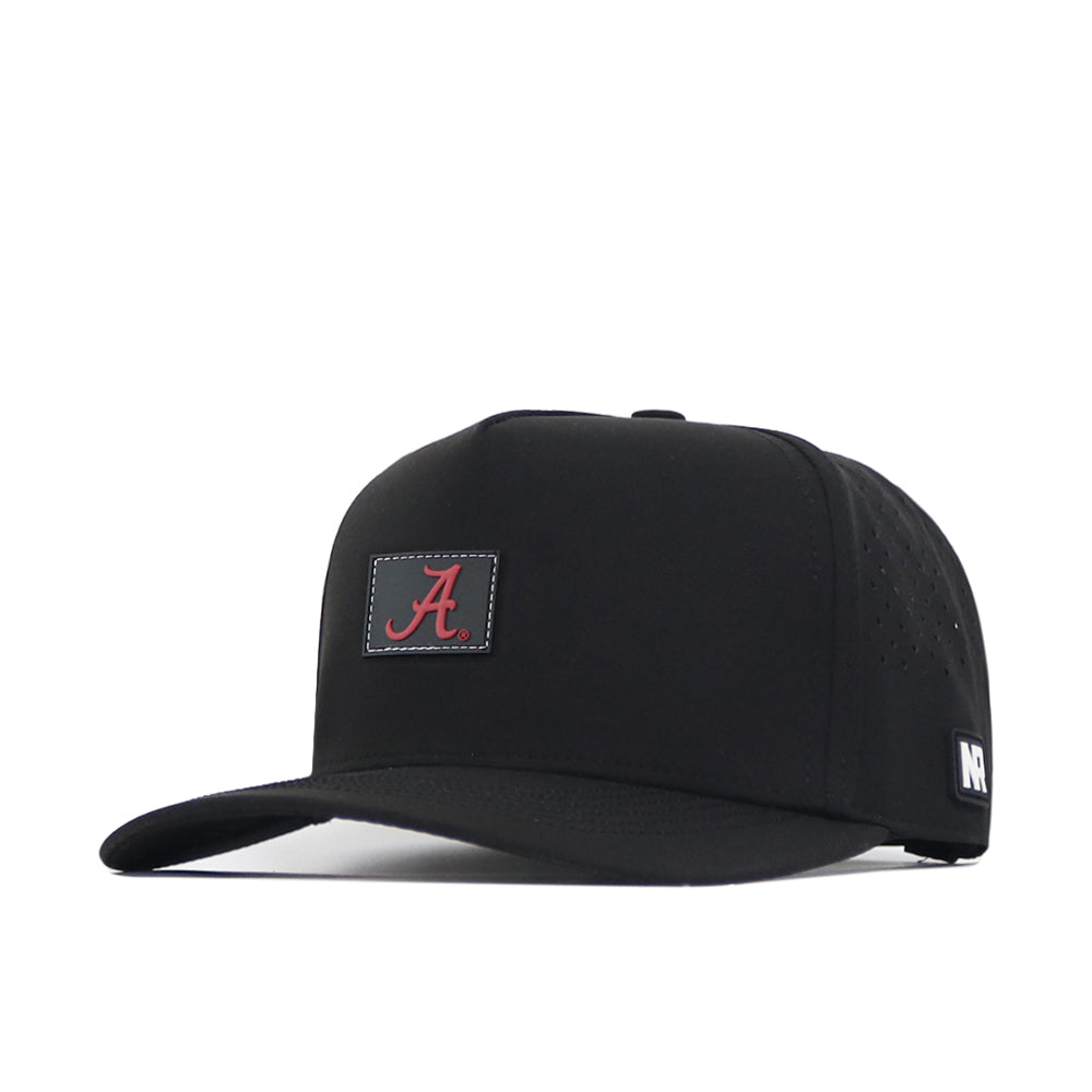 The Alabama Crimson Tide Trainer Hat by No Rivals is a black baseball cap with a red “A” logo on the front and a small NR label on the side, featuring a structured fit and crafted from high-quality cotton, photographed against a white background.