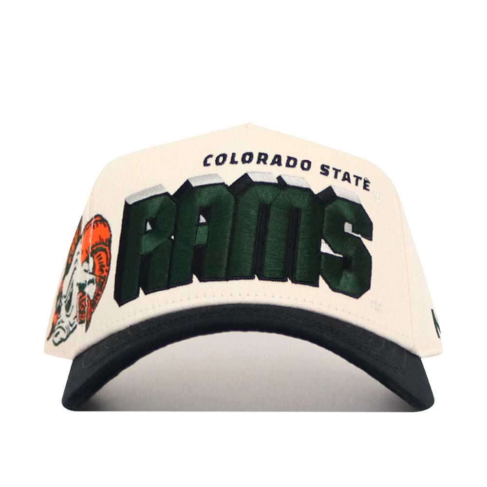 The No Rivals Colorado State Alma Mater Hat is a structured-fit, snapback baseball cap in white and black, featuring "COLORADO STATE" and "RAMS" on the front with a ram mascot logo on the left side.