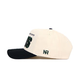 The No Rivals Colorado State Alma Mater Hat is a white cotton baseball cap with a black brim, green embroidered text partially visible on the front, and NR initials stitched on the left side.