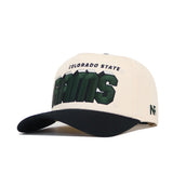 The No Rivals Colorado State Alma Mater Hat is a beige and black snapback with "Colorado State Rams" on the front and "NF" on the side, made from high-quality cotton with a structured fit.