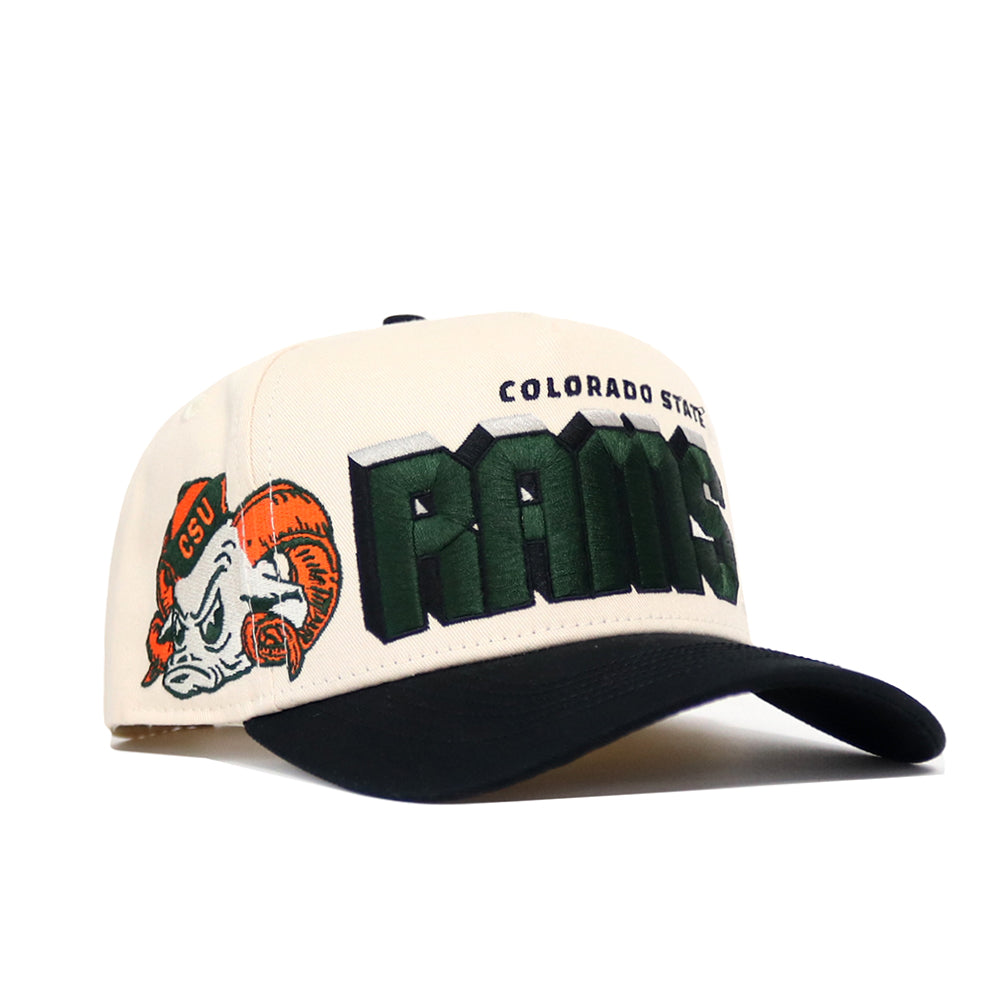 The No Rivals Colorado State Alma Mater Hat is a cream snapback with a black bill, green and black “Colorado State Rams” embroidery, an illustrated rams head with CSU on the side, and high-quality cotton for a structured fit.