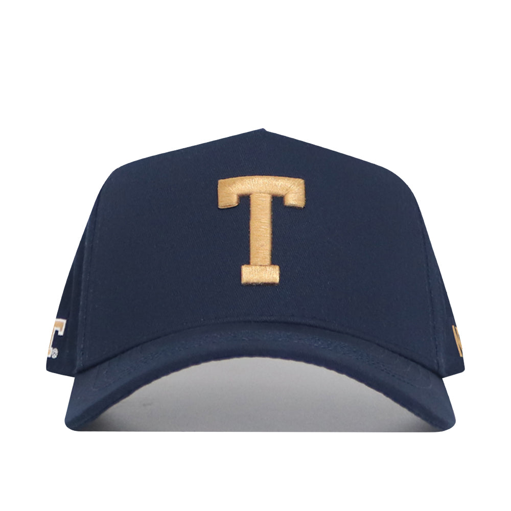 The No Rivals Georgia Tech Block T Hat is a navy snapback cap with a gold embroidered "T" on the front, featuring a curved brim and classic style—perfect for your gameday look.
