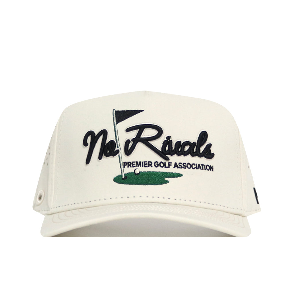 The No Rivals Golf Hat in tan features an embroidered "No Rivals PREMIER GOLF ASSOCIATION" logo with a golf flag and green graphic on the front, plus a snapback closure for an adjustable fit.