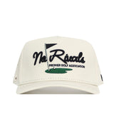 The No Rivals Golf Hat in tan features an embroidered "No Rivals PREMIER GOLF ASSOCIATION" logo with a golf flag and green graphic on the front, plus a snapback closure for an adjustable fit.