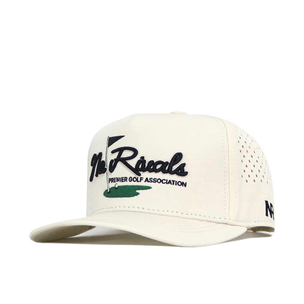 The No Rivals Golf Hat - Tan by No Rivals features a perforated side design, MR on the brim, and an embroidered Mr. Rizos Premier Golf Association logo in black and green—perfect for your Gameday fit.