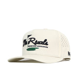 The No Rivals Golf Hat - Tan by No Rivals features a perforated side design, MR on the brim, and an embroidered Mr. Rizos Premier Golf Association logo in black and green—perfect for your Gameday fit.
