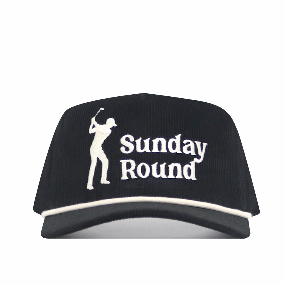 The No Rivals Sunday Round Cord Hat - Black is a cotton corduroy hat with white trim, embroidered golfer logos, "Sunday Round" text on the front, and an adjustable snap back.