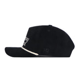 The No Rivals Sunday Round Cord Hat in black features cotton corduroy, white embroidered front text, a white trim above the curved brim, subtle side NR logos, and a snapback closure. Shown in a side profile view.