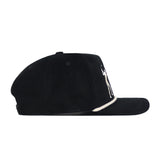 The No Rivals Sunday Round Cord Hat - Black features black cotton corduroy, front embroidered logos, a white accent above the brim, and a snap back closure for adjustable fit, shown in profile view.