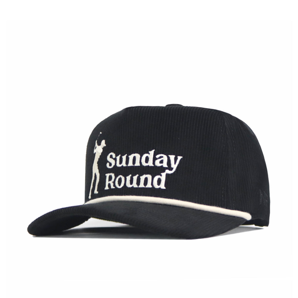 The No Rivals Sunday Round Cord Hat - Black features cotton corduroy, white "Sunday Round" and golfer logo embroidery, white brim trim, and a snap back adjustment for a custom fit.