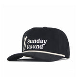 The No Rivals Sunday Round Cord Hat - Black features cotton corduroy, white "Sunday Round" and golfer logo embroidery, white brim trim, and a snap back adjustment for a custom fit.