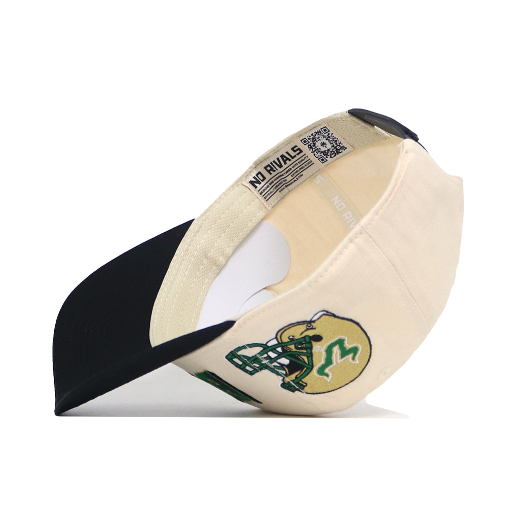 The No Rivals USF Alma Mater Collection snapback hat features a cream crown, black brim, green and yellow embroidered football helmet on the side, and an official inner band label with text and QR code. High quality cotton construction.