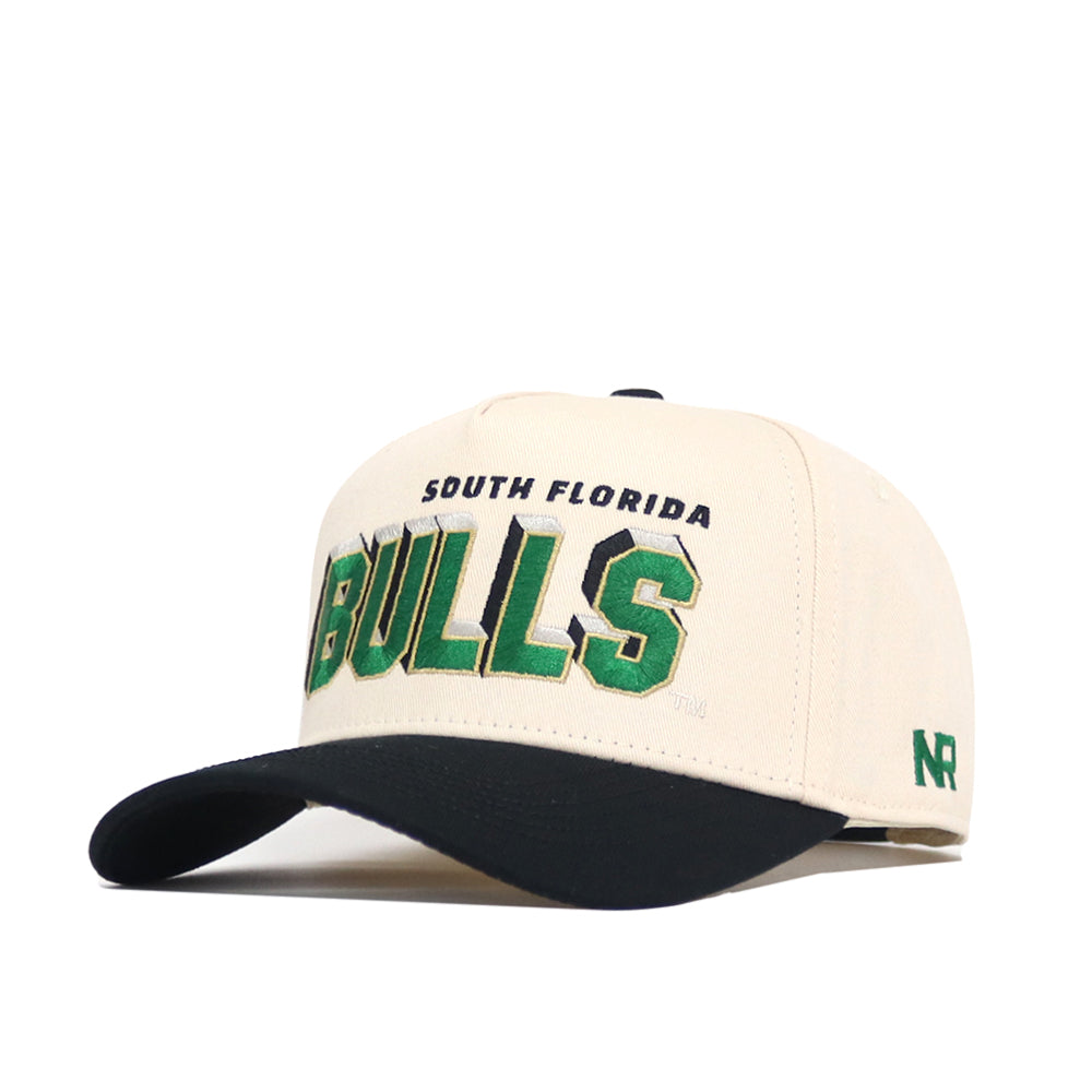The No Rivals USF Alma Mater Collection snap back hat features a cream crown, black brim, green and black South Florida Bulls front lettering, green NR logo on the left, and is crafted from high-quality cotton for an officially licensed look.