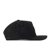 The No Rivals Oklahoma Sooners Trainer Hat, shown in black and viewed from the side, features a curved brim and small perforated holes on the back and sides for ventilation. This Snap Back Hat offers a structured fit that maintains its shape while providing all-day comfort.