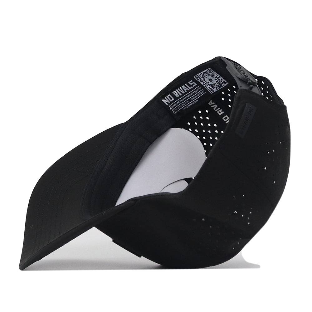 The Oklahoma Sooners Trainer Hat by No Rivals is displayed inside out, highlighting the inner tags with a QR code and NO RIVALS branding. This structured-fit black snapback features a perforated, curved design and is photographed on a white background.