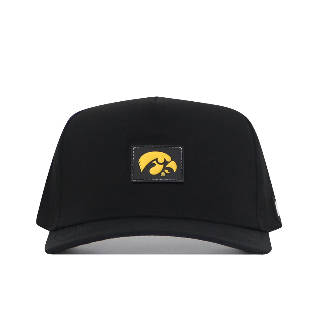 Introducing the Iowa Hawkeyes Trainer Hat by No Rivals—a black snapback cap featuring a rectangular patch with a bold yellow hawk logo on the front. Crafted from high-quality cotton for lasting comfort and durability, this hat offers a structured fit to maintain its shape wear after wear.