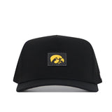 Introducing the Iowa Hawkeyes Trainer Hat by No Rivals—a black snapback cap featuring a rectangular patch with a bold yellow hawk logo on the front. Crafted from high-quality cotton for lasting comfort and durability, this hat offers a structured fit to maintain its shape wear after wear.
