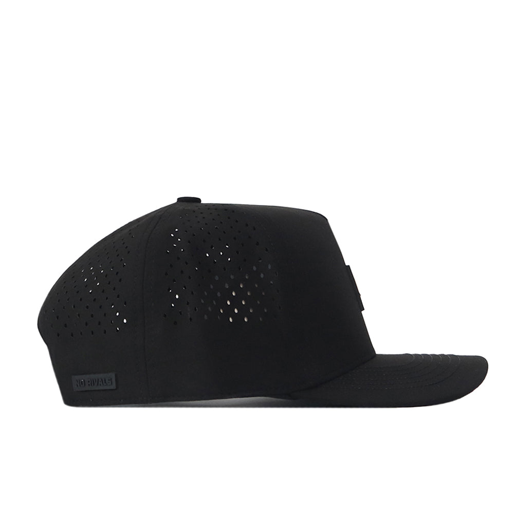 The No Rivals Iowa Hawkeyes Trainer Hat, featuring a structured fit and laser-cut ventilation holes, is displayed in a side view against a white background.