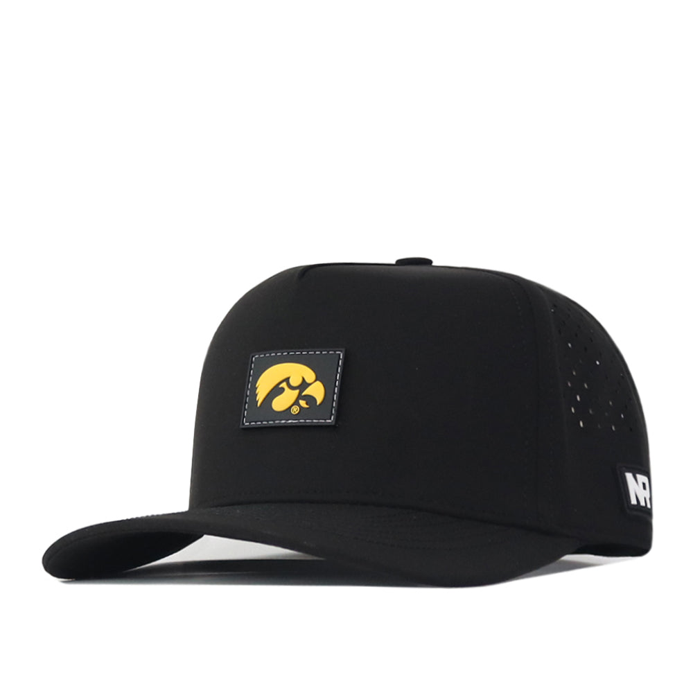 The Iowa Hawkeyes Trainer Hat by No Rivals features a black snapback design with a yellow Hawkeye logo patch on the front, perforated side panels, and a small NR label on the side. Made from high-quality cotton in a structured fit, this cap is worn at a slight angle.