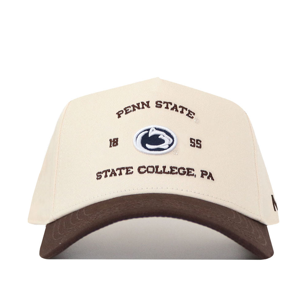 Introducing the Penn State Outlaw Hat - Classic by No Rivals: a beige baseball cap with a brown brim, featuring intricate embroidery of the Penn State logo and the words “Penn State 1855 State College, PA” on the front. Crafted for an ideal gameday fit, this hat includes a snap back closure for adjustable comfort.