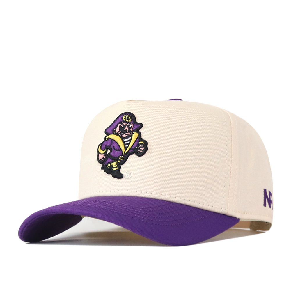 Introducing the No Rivals ECU Vintage Patch Hat—a cream snapback accented with a purple brim, showcasing detailed embroidered logos and a cartoon pirate mascot holding a football on the front. The perfect finishing touch for your next gameday fit!.