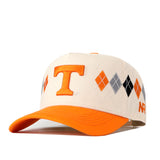 The No Rivals Tennessee Argyle Hat features a cream-colored crown, an orange brim, and a bold orange T embroidered on the front. An argyle pattern in orange, gray, and black decorates the sides. Made from a high-quality cotton blend, this stylish snapback offers lasting durability and all-day comfort.