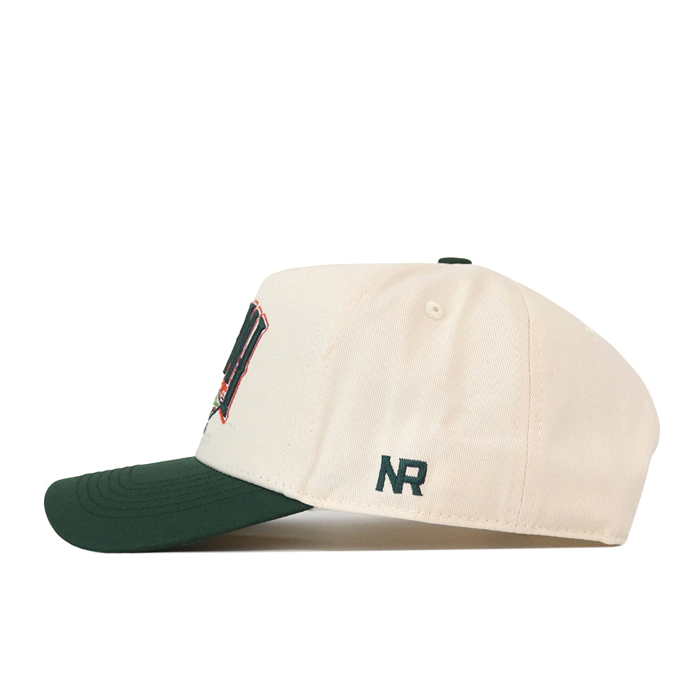 No Rivals Miami Stadium Hat, an off-white snapback with a dark green brim and embroidered side logos.