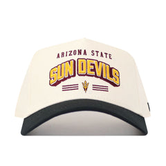 The No Rivals Arizona State Letterman Hat is a high-quality white cotton snapback featuring a black brim, "Arizona State Sun Devils" text, and the officially licensed ASU pitchfork logo on the front.