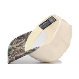 The Scheels Camo Connector Hat is a white snapback featuring a camouflage pattern, crafted from high-quality cotton.