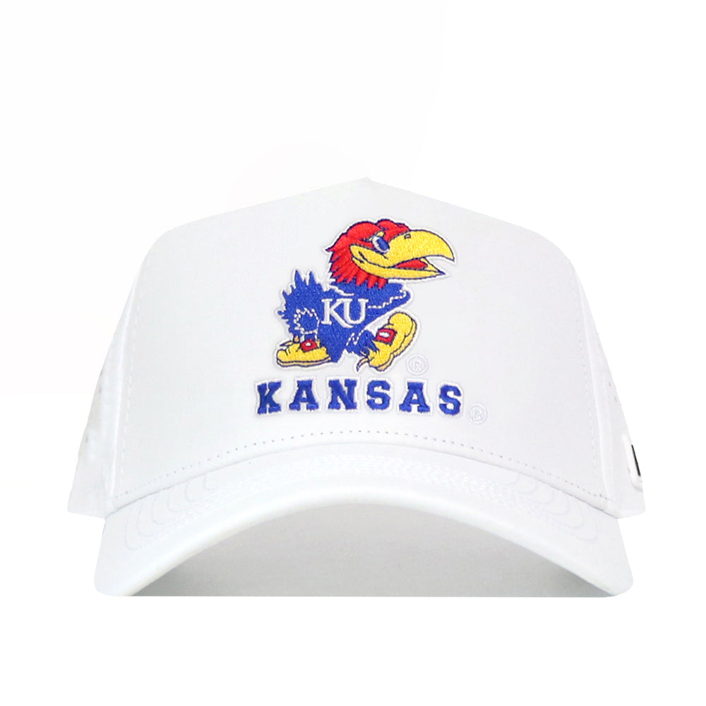 The No Rivals Kansas Golf Hat - White features the colorful Kansas Jayhawks logo and bold embroidered "KANSAS" graphics on the front.