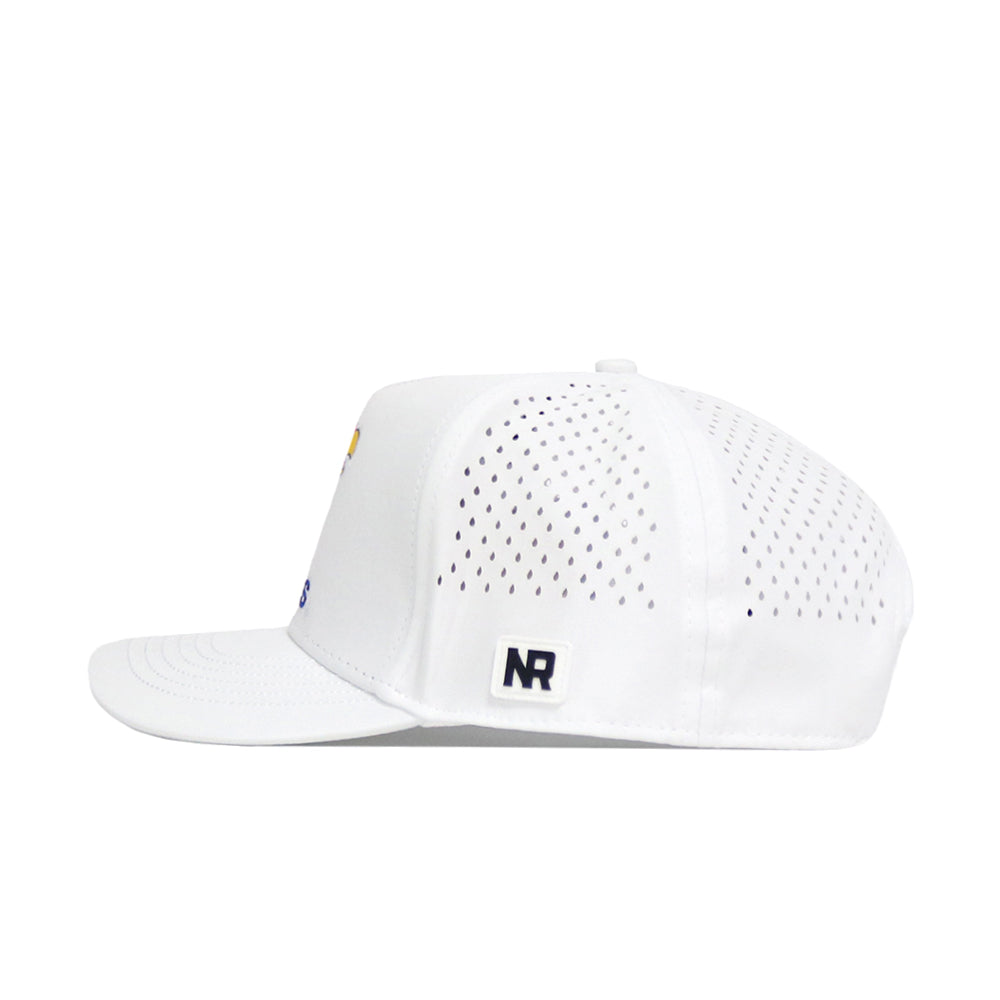 The Kansas Golf Hat - White by No Rivals is a white snapback with side view, featuring small ventilation holes and a rectangular patch with embroidered NR letters on the back panel.