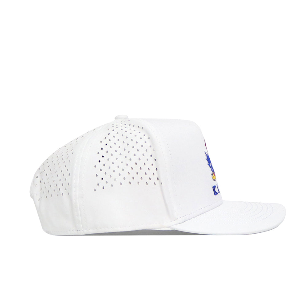 The No Rivals Kansas Golf Hat in white features small side ventilation holes, a curved brim, and a partially visible colorful embroidered logo on the front, shown from a side view.
