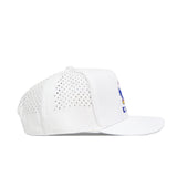 The No Rivals Kansas Golf Hat in white features small side ventilation holes, a curved brim, and a partially visible colorful embroidered logo on the front, shown from a side view.