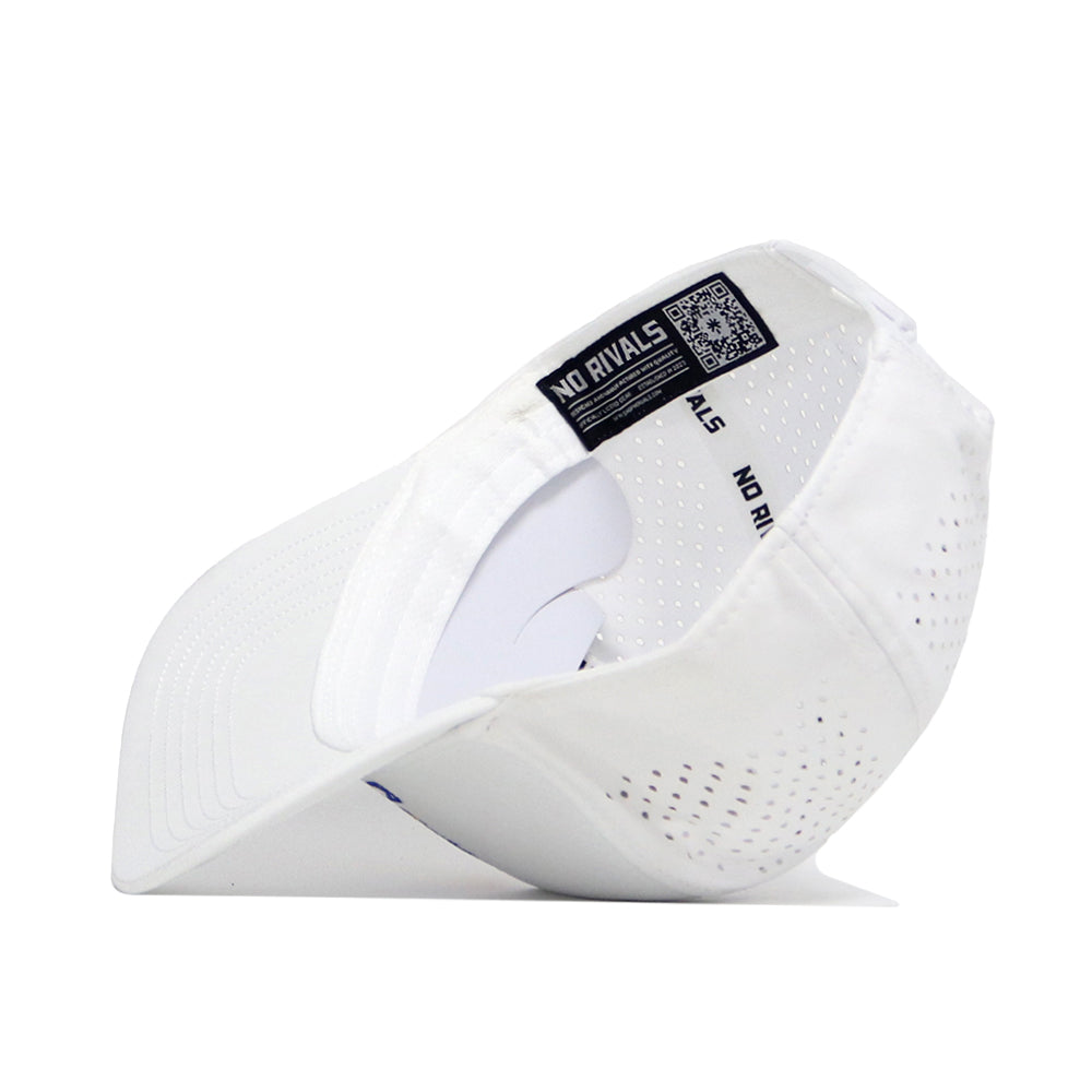 The Kansas Golf Hat - White by No Rivals is shown upside down, highlighting its inside label, QR code, snapback closure, and side ventilation holes.