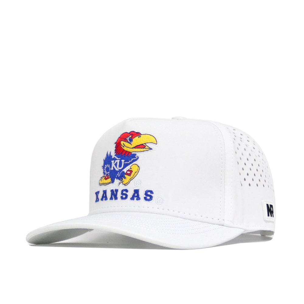 The No Rivals Kansas Golf Hat - White features embroidered KANSAS and Jayhawks logo on the front, side ventilation holes, a flat brim, and adjustable snap back closure.