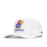 The No Rivals Kansas Golf Hat - White features embroidered KANSAS and Jayhawks logo on the front, side ventilation holes, a flat brim, and adjustable snap back closure.