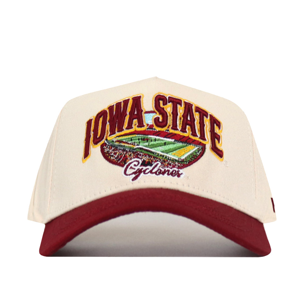 Introducing the Iowa State Stadium Hat by No Rivals: a premium cotton cream and red snapback cap, showcasing bold embroidered football field graphics and Iowa State Cyclones details on the front.