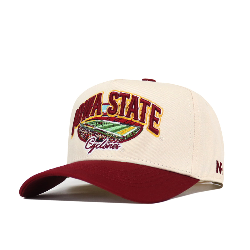 Beige and red Iowa State Stadium Hat by No Rivals, crafted from premium cotton with embroidered Iowa State Cyclones graphics above a football field image, featuring a red bill and detailing.