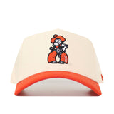 The No Rivals OSU Full Pistol Pete Patch Hat is a cream snapback with an orange brim, structured fit, and Cartoon Cowboy mascot patch featuring "OSU" on the leg. Made from high-quality cotton.