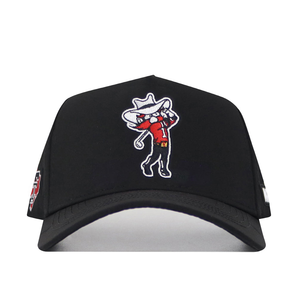 The No Rivals Texas Tech Golf Hat in black features embroidered graphics of a cartoon mascot in a sombrero and red shirt with the number 1 on the front center.